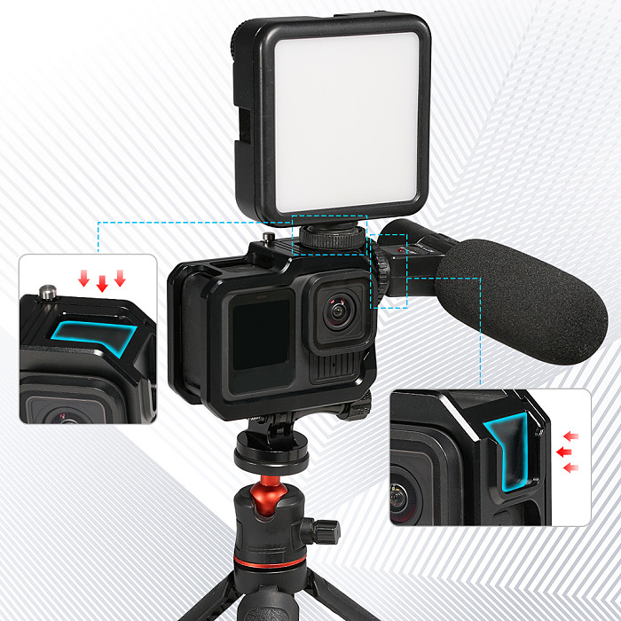 Magnetic Quick Installation Protection Frame Aluminum Alloy Expansion Frame Camera Cage CNC Machining Dual Cold Shoe Holder For GOPRO13/12/11/10/9 Sports Camera