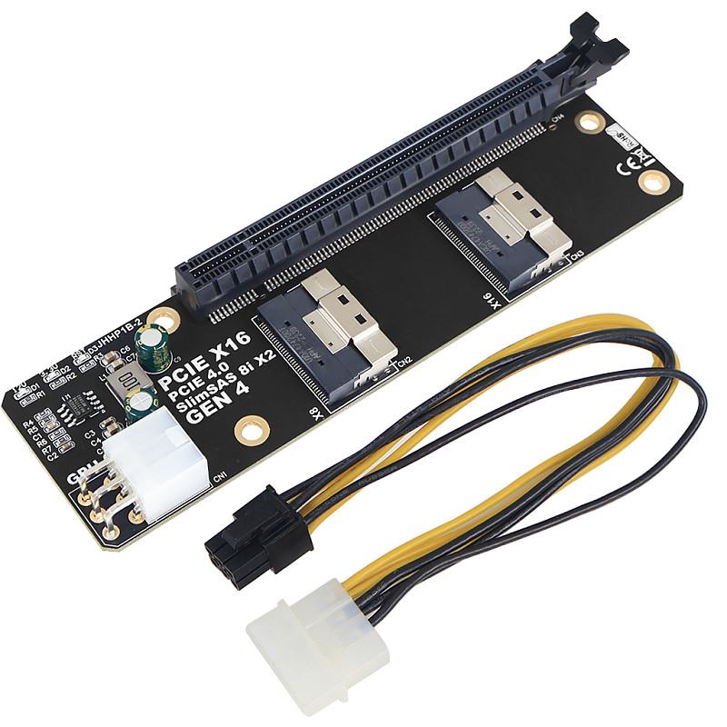 New Version 2Port SlimSAS 8i x2 to PCIe4.0 x16 Slot Adapter Card SFF8654 Riser Card GEN4 for Network Card Graphics Video Card GPU 6Pin Power