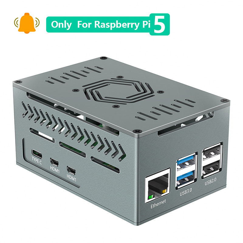 Aluminum Case for Raspberry Pi 5 with 4010 PWM Fan and Copper Heatsinks