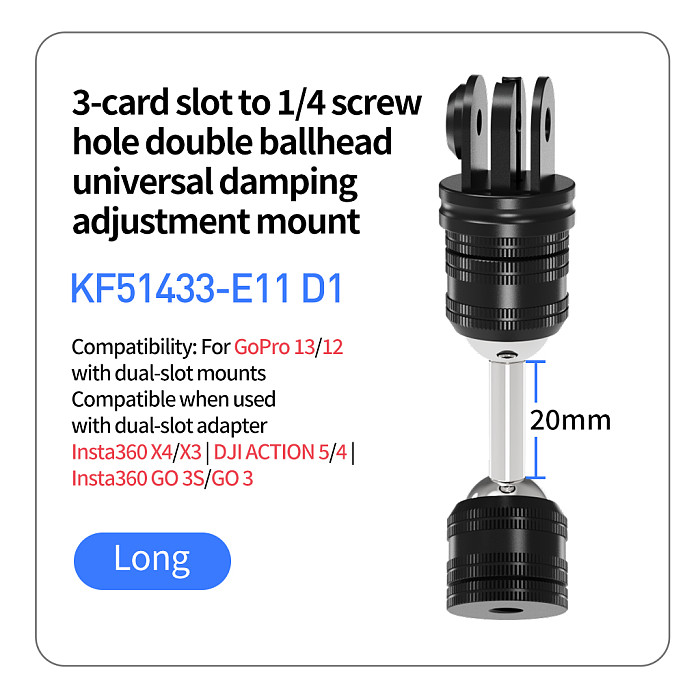 Metal universal Double Ball Head Damping Adjustment Bracket  1/4 screw hole to 1/4 screw hole pan tilt adapter, 1/4 screw hole to GOPRO three card slot pan tilt adapter, GOPRO two card to three card slot pan tilt adapter, 360 degree damping rotation extension adapter, For accessories such as selfie sticks/tripods/GOPRO13/DJI ACTION 5pro sports cameras