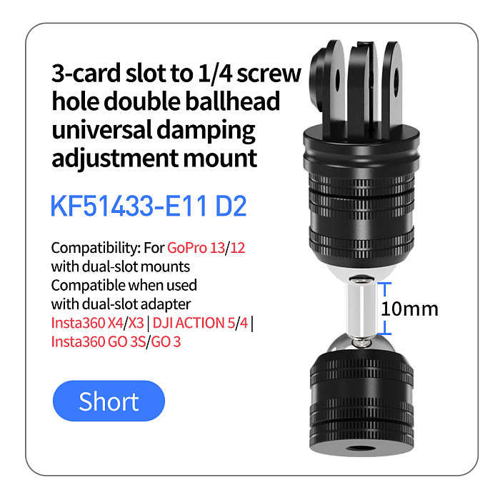 Metal universal Double Ball Head Damping Adjustment Bracket  1/4 screw hole to 1/4 screw hole pan tilt adapter, 1/4 screw hole to GOPRO three card slot pan tilt adapter, GOPRO two card to three card slot pan tilt adapter, 360 degree damping rotation extension adapter, For accessories such as selfie sticks/tripods/GOPRO13/DJI ACTION 5pro sports cameras