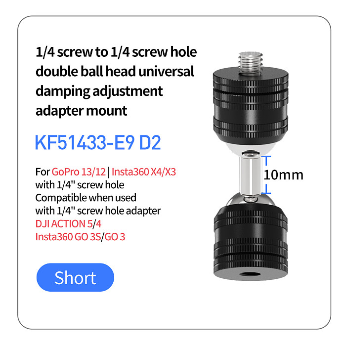 Metal universal Double Ball Head Damping Adjustment Bracket  1/4 screw hole to 1/4 screw hole pan tilt adapter, 1/4 screw hole to GOPRO three card slot pan tilt adapter, GOPRO two card to three card slot pan tilt adapter, 360 degree damping rotation extension adapter, For accessories such as selfie sticks/tripods/GOPRO13/DJI ACTION 5pro sports cameras