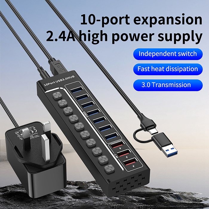 USB 3.0 expansion 7-port hub USB C with switch laptop desktop splitter 3-port 2.4A charging