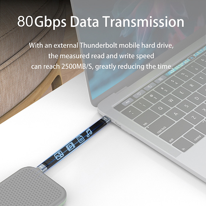 Thunderbolt Type-C Data Cable 80G Hard Drive High-speed Transmission 240W Fast Charging 16K60Hz High-definition Video Projection (Advanced Gray/13CM)