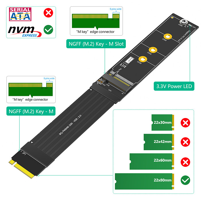 180 Degree NGFF M.2 M-Key NVME SSD Extension Cable 20cm 64Gbps for 2230/2242/2260/2280 M.2 NVME SSD