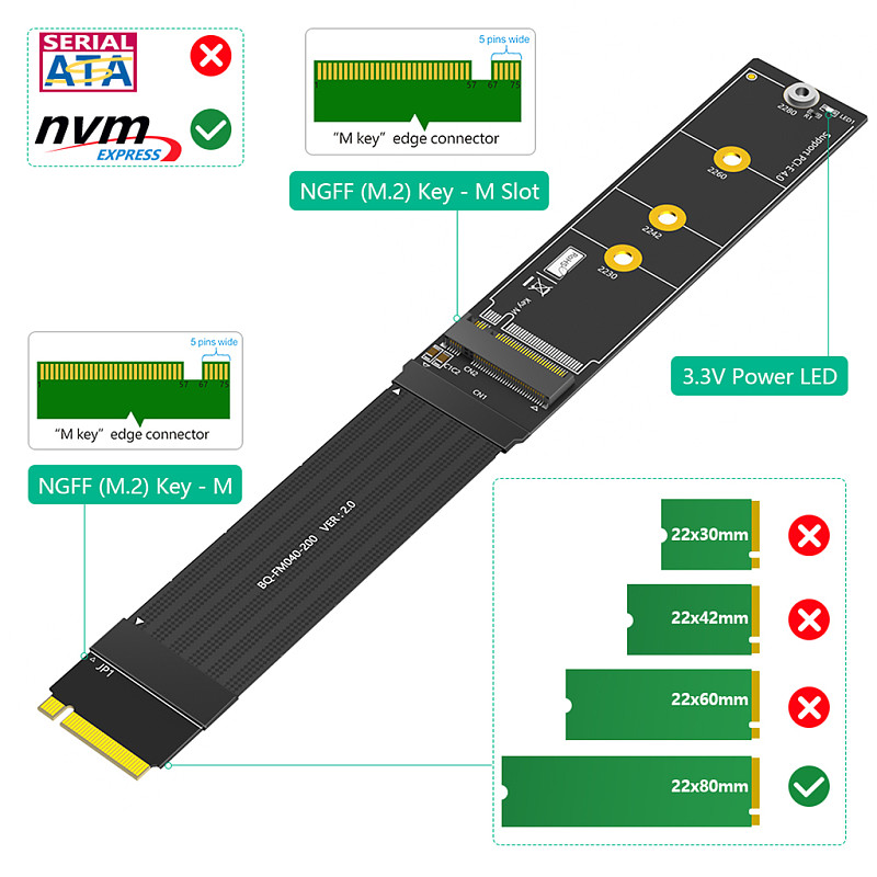 180 Degree NGFF M.2 M-Key NVME SSD Extension Cable 20cm 64Gbps for 2230/2242/2260/2280 M.2 NVME SSD