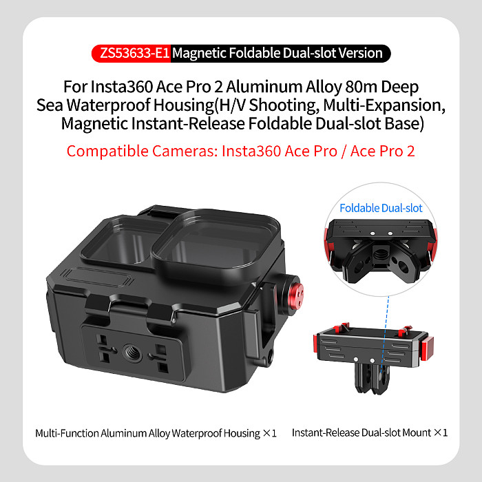 Aluminum alloy 80 meter deep sea waterproof Case Protective Shell for Insta360 Ace Pro/Ace Pro2 Action Camera horizontal and vertical magnetic suction quick release multi expansion diving shell waterproof Case Housing