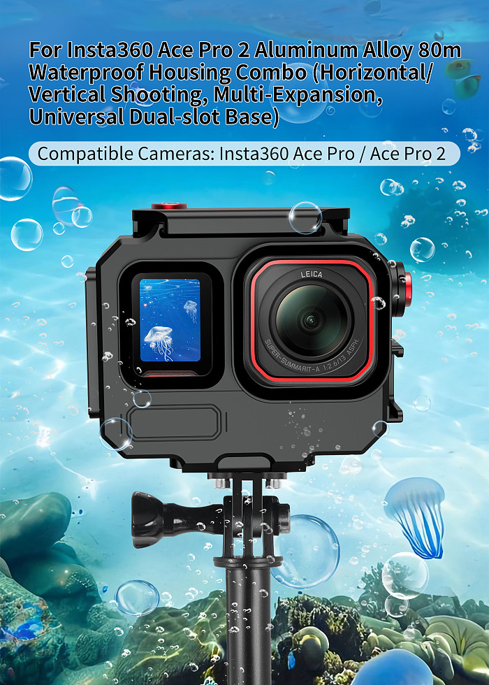 Aluminum alloy 80 meter deep sea waterproof Case Protective Shell for Insta360 Ace Pro/Ace Pro2 Action Camera horizontal and vertical magnetic suction quick release multi expansion diving shell waterproof Case Housing