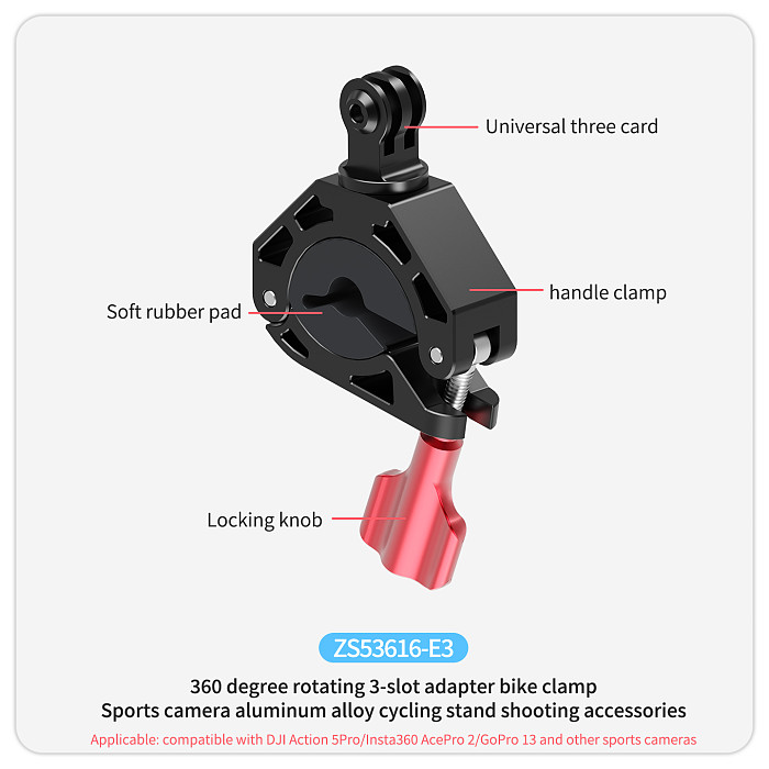 Bicycle Stand Bike Handle Clip Motorcycle Shooting Stand GoPro 13 Rearview Mirror Clip Aluminum Alloy 360°Rotating 3-slot Adapter Riding Stand Shooting Accessories Suitable For DJI Action/nsta360 AcePro 2