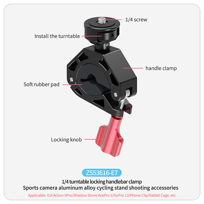 Bicycle Stand Bike Handle Clip Motorcycle Shooting Stand GoPro 13 Rearview Mirror Clip Aluminum Alloy 360°Rotating 3-slot Adapter Riding Stand Shooting Accessories Suitable For DJI Action/nsta360 AcePro 2