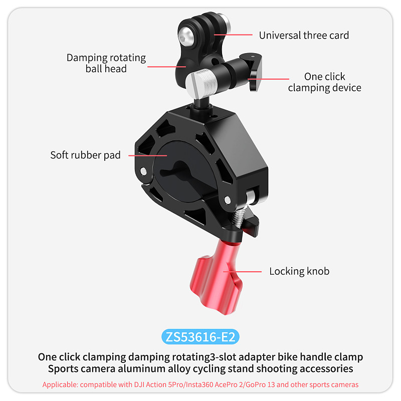Bicycle Stand Bike Handle Clip Motorcycle Shooting Stand GoPro 13 Rearview Mirror Clip Aluminum Alloy 360°Rotating 3-slot Adapter Riding Stand Shooting Accessories Suitable For DJI Action/nsta360 AcePro 2