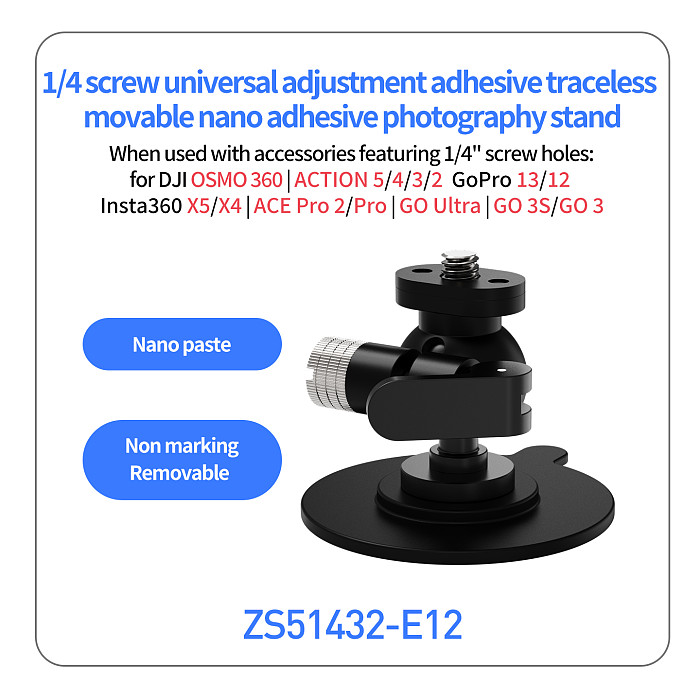 XT-XINTE Magnetic Quick-Release Nano-Adhesive Suction Cup For Vehicle Mounting/Live Streaming Compatible with DJI ACTION 5/4/3/2 & OSMO 360 POCKET4 Panoramic Action Cameras Suitable for Smooth Surfaces: Glass/Tile/Plastic/Wood Panels