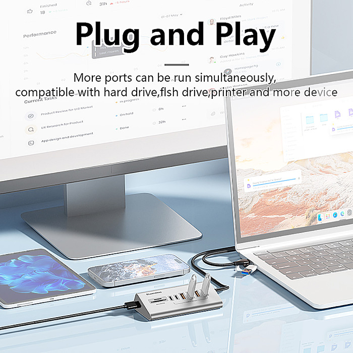 (Blueendless) Dual head Type-C docking station USB 3.2 splitter 10Gbps hub SD/TF card reader hub with power supply - HU806
