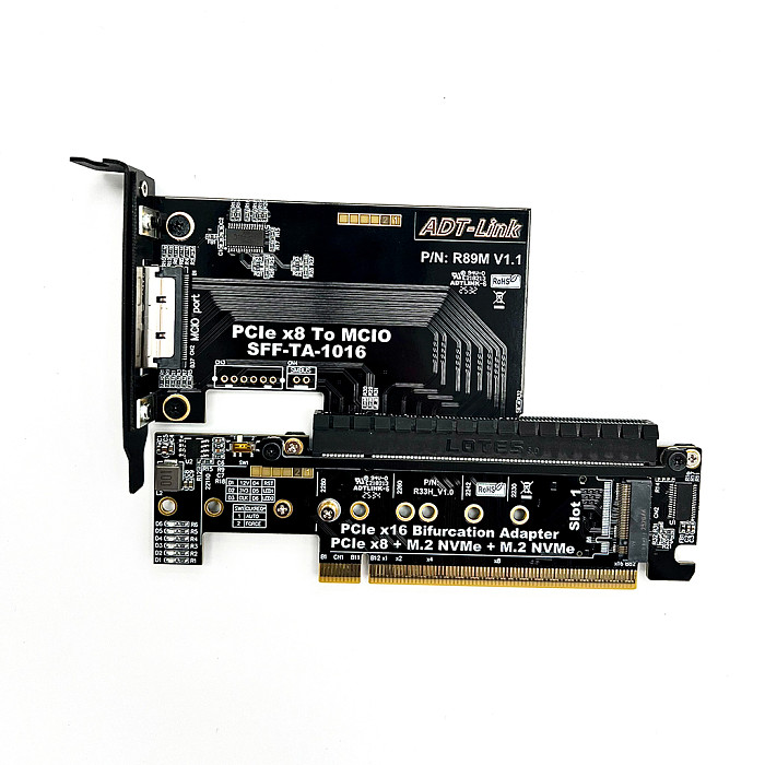 (ADT Link) PCIe 5.0 x16 to x8x4x4 half height to full height split card NVMe SSD extension supports Gen5 (R33H)