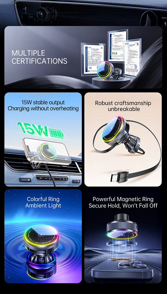 Wireless charging with retractable cable car phone holder 15w wireless charger magnetic suction suitable for car air outlet bracket