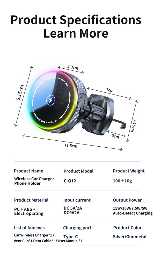 Wireless charging with retractable cable car phone holder 15w wireless charger magnetic suction suitable for car air outlet bracket