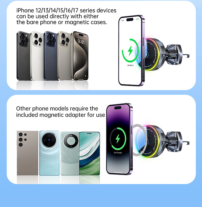 Wireless charging with retractable cable car phone holder 15w wireless charger magnetic suction suitable for car air outlet bracket