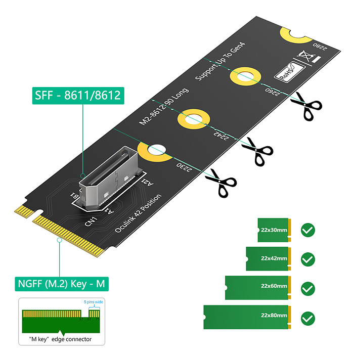 M.2 nvme key M to SFF-8611/8612 Adapter, NVMe PCI-e 4.0 x4 to OcuLink SFF-8612 4i Host Adapter for SSD and eGPU