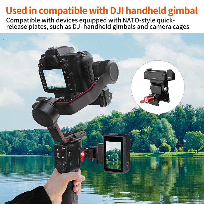 Action Camera Magnetic Quick-Release NATO Rail Extension Gimbal Mount for DSLR Cage Stabilizer Rail Claw Buckle with Damping Adjustment Camera Gimbal Compatible with DJI Action 5 Pro/4/3/OSMO 360 Series / Gopro Sports Camera for Insta360 X6