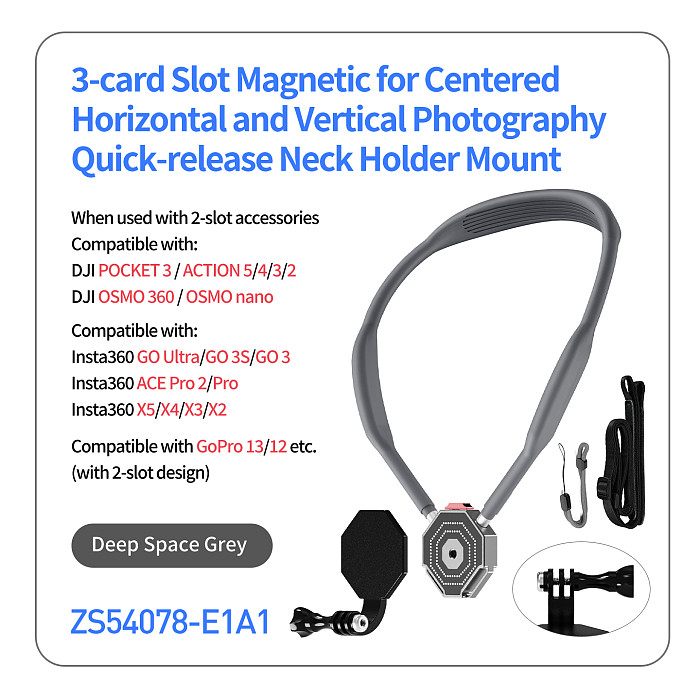 Sports Camera Chest Lanyard Mount (Triple-Magnet, Anti-Shake Strap) -  Horizontal/Vertical Switch | Fits DJI ACTION 5/4/3, Insta360 Ace Pro, GoPro 13/12