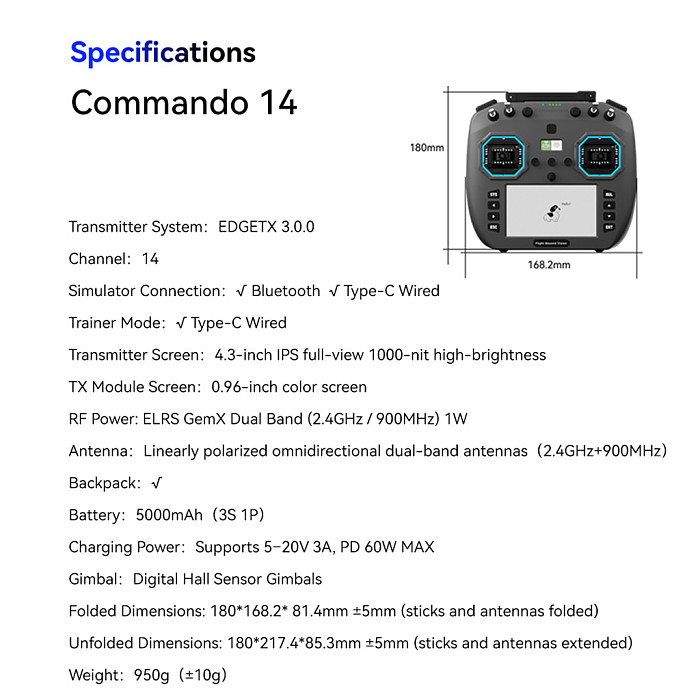 iFlight Commando 14 Remote Controller/Transmitter with GemX Dual-Band 1W, ELRS 2.4G/900MHz for FPV Drone