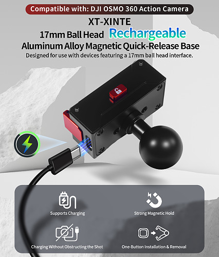 XT-XINTE Aluminum Alloy Rechargeable Magnetic Quick-Release Base for DJI OSMO 360 Panoramic Camera 17mm Ball Head Clamp Expansion Type-C Charging Port