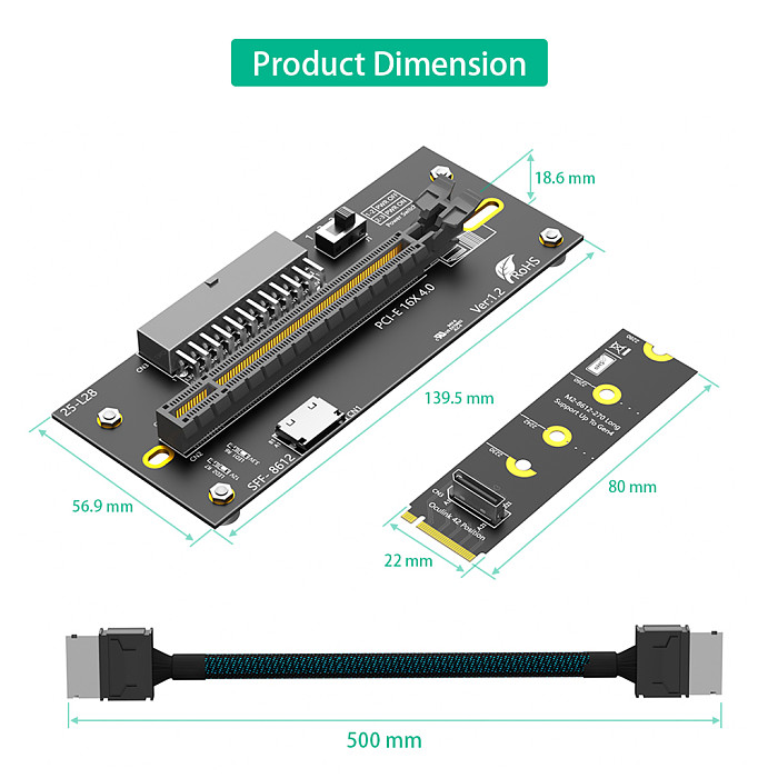 PCI-E 4.0 16X to M2 extension cable (ATX 24PIN power supply-2280 size) /PCI-E 5.0 1X Dual 90 Degree Extension Cable/PCI-E 16X 5.0 16X with Dual NVME  Material PCB Board 