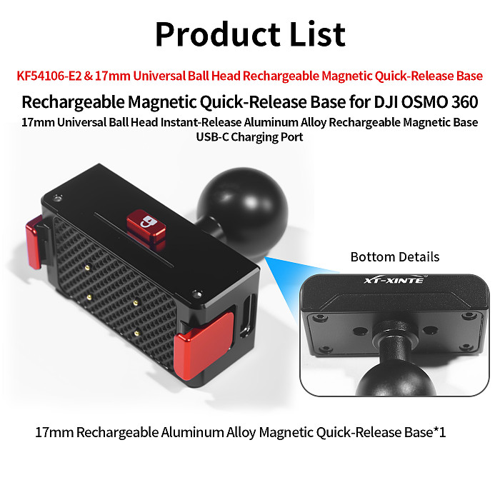 XT-XINTE Aluminum Alloy Rechargeable Magnetic Quick-Release Base for DJI OSMO 360 Panoramic Camera 17mm Ball Head Clamp Expansion Type-C Charging Port