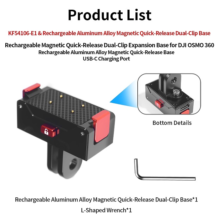 XT-XINTE Aluminum Alloy Rechargeable Magnetic Quick-Release Base for DJI OSMO 360 Panoramic Camera 17mm Ball Head Clamp Expansion Type-C Charging Port