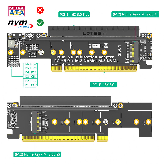PCI-E 4.0 16X to M2 extension cable (ATX 24PIN power supply-2280 size) /PCI-E 5.0 1X Dual 90 Degree Extension Cable/PCI-E 16X 5.0 16X with Dual NVME  Material PCB Board 