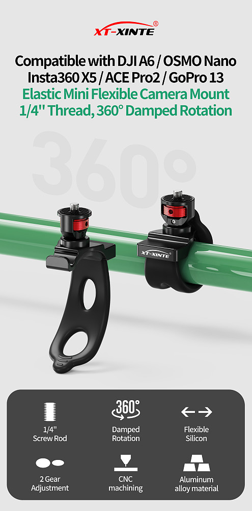 XT-XINTE Aluminum Alloy 1/4 -20 Adjustable Metal Adapter Elastic Multifunctional Photography Flexible Bracket Compatible with DJI/Insta360/GoPro Action Camera
