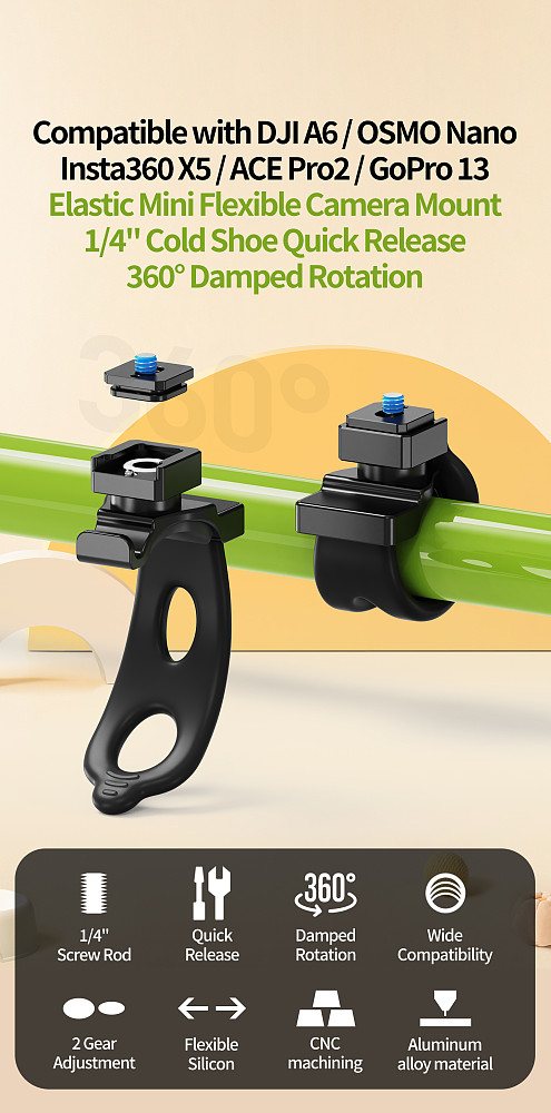 1/4 -20 Cold Shoe Quick-Release 360° Damped Rotation Elastic Multifunctional Photography Flexible Bracket, Action Camera Mount Strap Accessory for Cycling & Fishing Shooting