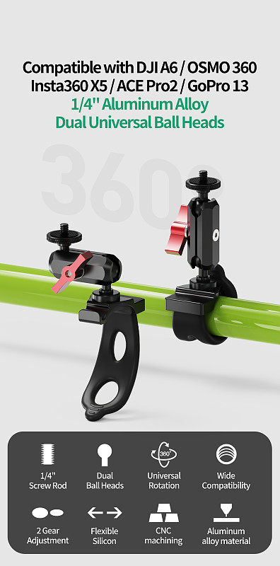 Aluminum Alloy 1/4 -20 Dual Ball Head 360° Adjustable Elastic Multifunctional Photography Flexible Bracket, Action Camera Mount Strap Accessory for Cycling & Fishing Shooting, Compatible with DJI/Insta360/GoPro