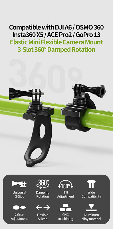 Aluminum Alloy 360° Damped Rotation Universal Triple-Clamp 3-Slot Elastic Multifunctional Photography Flexible Bracket for GoPro/DJI/Insta360 action cameras