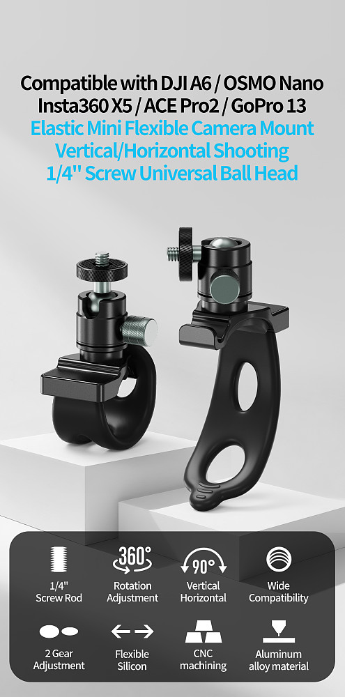 Aluminum Alloy 1/4 -20 Screw Ball Head Elastic Multifunctional Photography Flexible Bracket for DJI/Insta360/GoPro, Action Camera Mount Strap Accessory for Cycling & Fishing Shooting