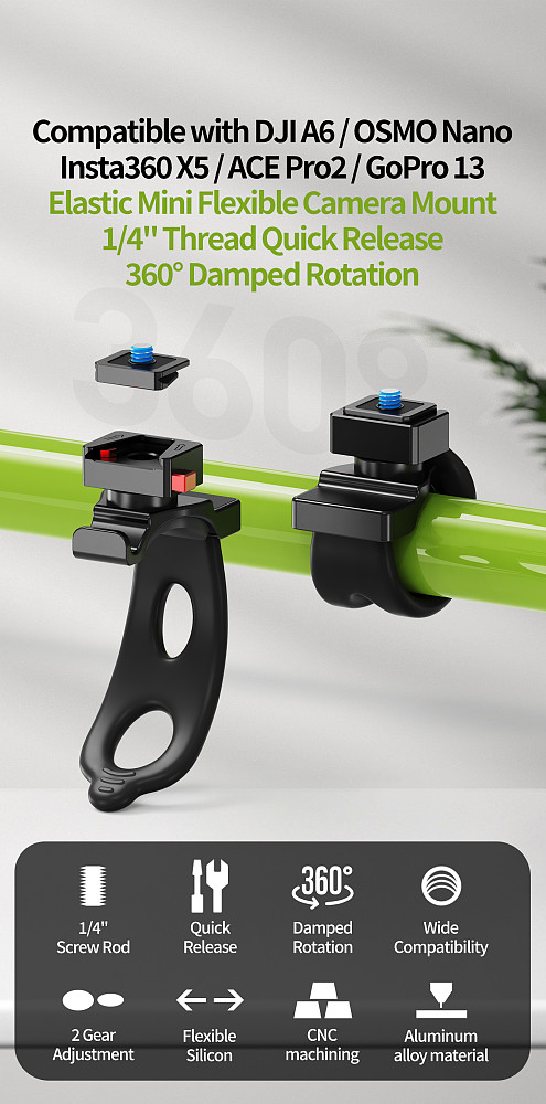1/4 -20 Quick Release 360° Damped Adjustment Elastic Multifunctional Photography Flexible Bracket, Action Camera Mount Strap Accessory for Cycling & Fishing Shooting, Compatible with DJI/Insta360/GoPro