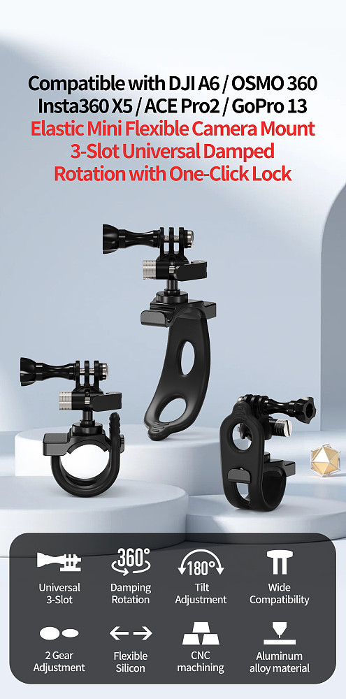 Universal Triple-Clamp Elastic Multifunctional Photography Flexible Bracket with 360° Damped Rotation & One-Click Locking for DJI/Insta360/GoPro Action Camera Mount Strap Accessory for Cycling & Fishing Shooting