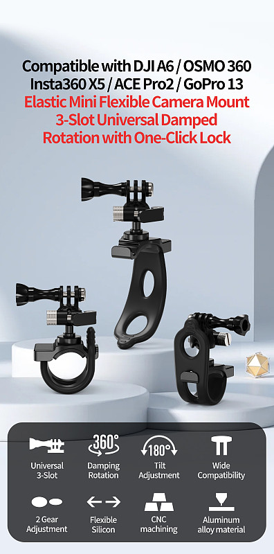 Universal Triple-Clamp Elastic Multifunctional Photography Flexible Bracket with 360° Damped Rotation & One-Click Locking for DJI/Insta360/GoPro Action Camera Mount Strap Accessory for Cycling & Fishing Shooting
