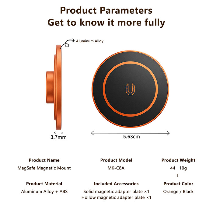 Magsafe magnetic suction head phone holder 1/4 standard Alei positioning hole base strong magnet adapter - orange/black optional