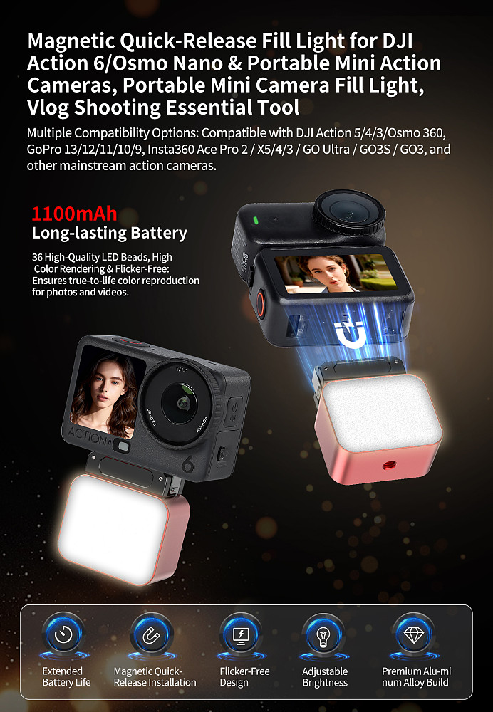 Aluminum Alloy Mini Portable Magnetic Quick-Release Fill Light 5-Level Brightness Adjustment for DJI Osmo Nano/Action 5 6 Insta360 X6 Camera