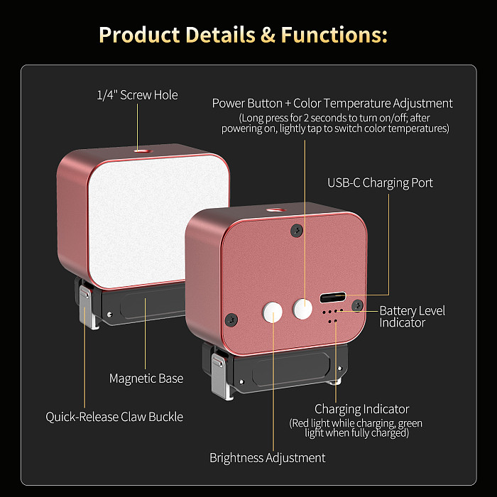 Aluminum Alloy Mini Portable Magnetic Quick-Release Fill Light 5-Level Brightness Adjustment for DJI Osmo Nano/Action 5 6 Insta360 X6 Camera