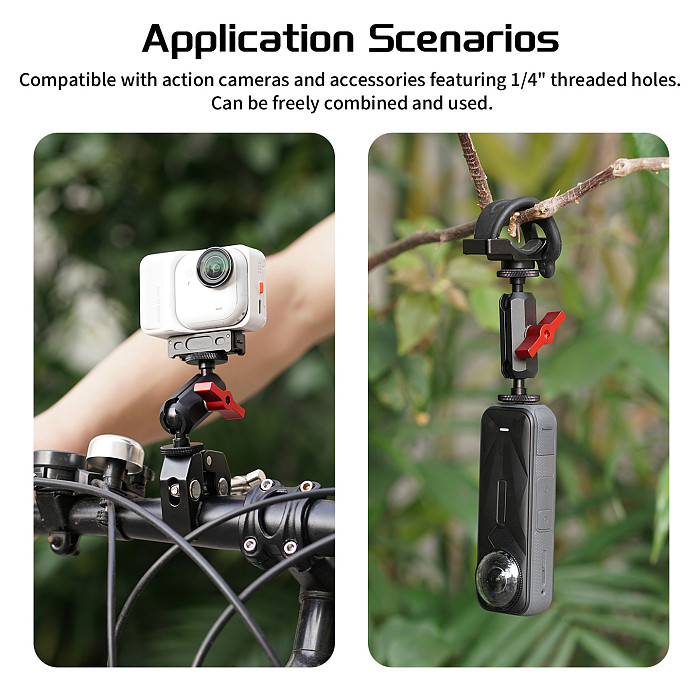 Dual 1/4-inch Disc Anti-Loose Universal Ball Head Camera Pea Clip 360° Adjustable Magic Arm Riding Mount for Motorcycles and Electric Vehicles for DSLR Camera Monitor Light Mic Mount
