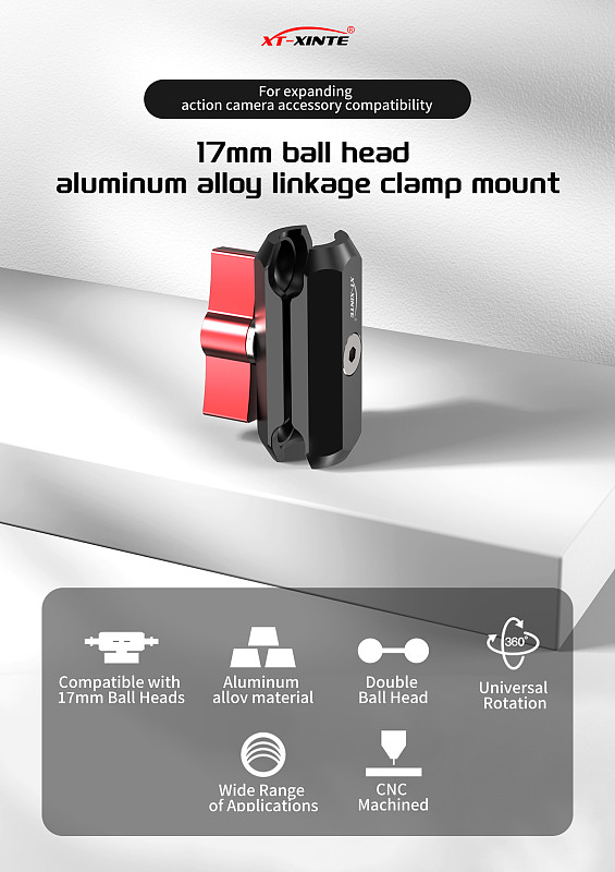 XT-XINTE Dual Clamping Ball Head Universal Adjustment Magic Arm Extension Clip for 17mm Ball Head Camera Connection Bracket Extension Connecting Rod