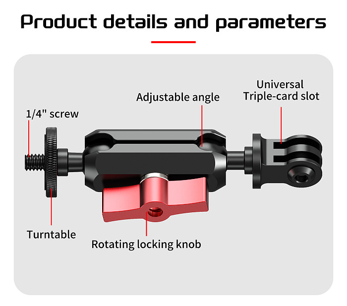 XT-XINTE Action Camera 3-Slot Adapter to 1/4 Disc Reverse Lock Universal Ball Head Adjustable Magic Arm for DJI /GOPRO/Insta360 Expansion Bracket Mount