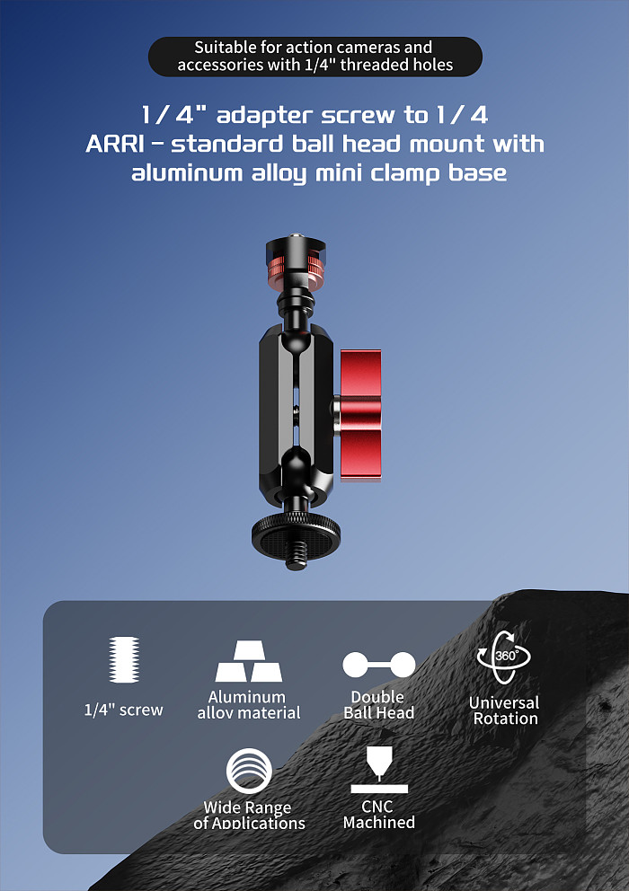 1/4 Arri Locating to 1/4 Disc Reverse Lock Universal Ball Head Photography Adjustable Magic Arm for DJI /GOPRO/Insta360 Action Cameras Expansion Bracket Mount