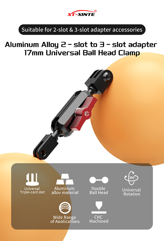 XT-XINTE Action Camera 2-Slot to 3-Slot Adapter Ball Head Clip Universal Adjustable Magic Arm for DJI /GOPRO/Insta360 Expansion Bracket Mount