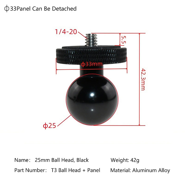 T3 Series 25mm Aluminum Ball Head with Stainless Steel Thread Adapter (Choose: Short Thread, Long Thread, or Long Thread+33mm Nut Kit) for Camera Mount