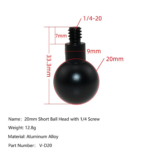  Aluminum Alloy Ball Head Adapter Set (Choose: 20mm Short/Long, 17mm Stainless Short/Long Thread or Knurled Nut) for Camera Mount, V-D20 & V-D17A/B Models