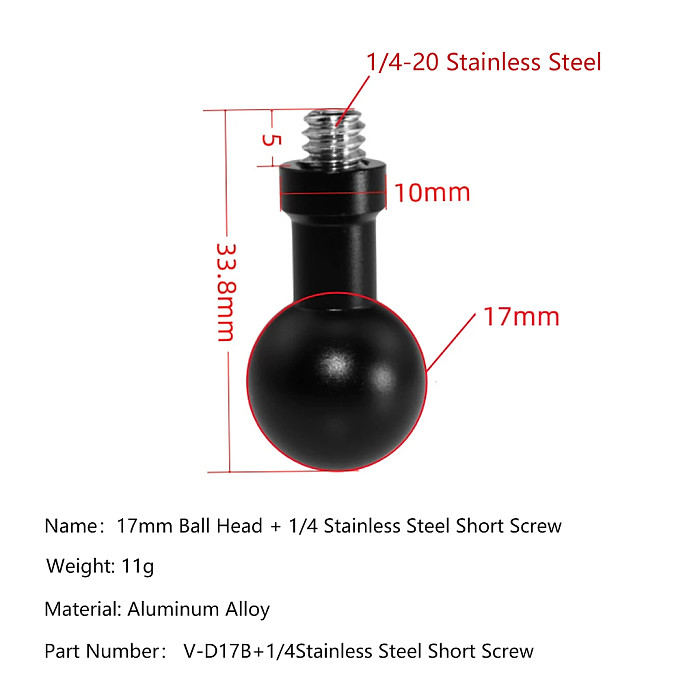  Aluminum Alloy Ball Head Adapter Set (Choose: 20mm Short/Long, 17mm Stainless Short/Long Thread or Knurled Nut) for Camera Mount, V-D20 & V-D17A/B Models