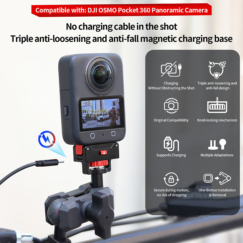 Rechargeable Magnetic Quick-Release Base with Knob Lock for DJI OSMO 360 Action Camera - Aluminum Alloy Charging Magnetic Base Fast Assembly & Disassembly